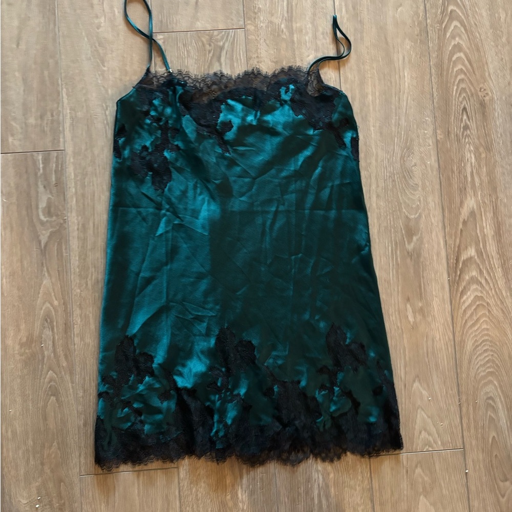 Victoria’s Secret Emerald Green Satin Slip Dress with Black Lace